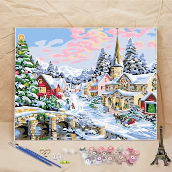 雪景油画系列diy数字油画填色画客厅卧室风景人物手工手绘装饰画 雪景