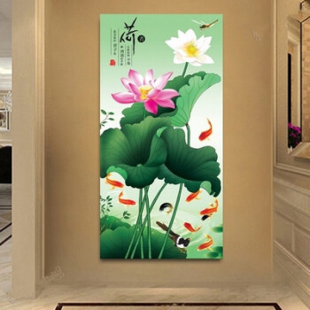 画荷花九鱼图竖版玄关装饰画客厅走廊道无框画单幅挂画壁画时尚家居