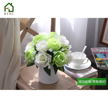 玫瑰仿真花套装客厅欧式玫瑰花装饰花绢花假花干花艺 绿 白色【带瓶插