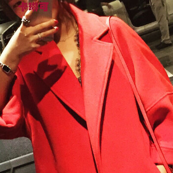 卡琳可毛呢大衣女韩版冬季茧型中长款毛呢外套 红色 M