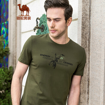 骆驼（CAMEL）男装 夏季男青年休闲印花T恤圆领微弹棉短袖上衣 军绿 XL