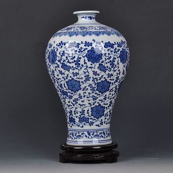 时尚仿古青花瓷缠之莲赏瓶花瓶花插 家装饰品客厅工艺品摆件 青花梅瓶