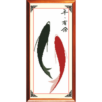 精准印花十字绣年年有余鱼新款客厅餐厅小幅天天向上十字绣鱼系列魔方圆钻贴钻画钻石绣 生态棉线 二鱼 精准印花25*50CM