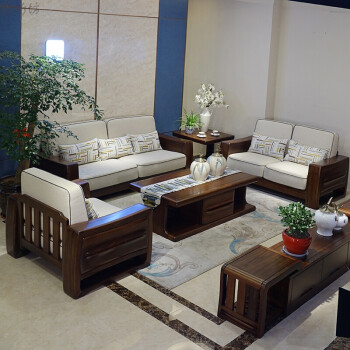 新中式全实木皮质沙发组合黑胡桃木科技布艺沙发客厅家具 1 1 3(科技