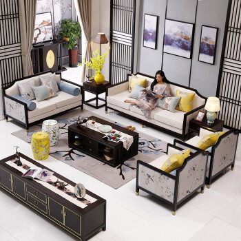醉美江南新中式实木布艺沙发组合客厅三人位家具真丝手工刺绣沙发别墅