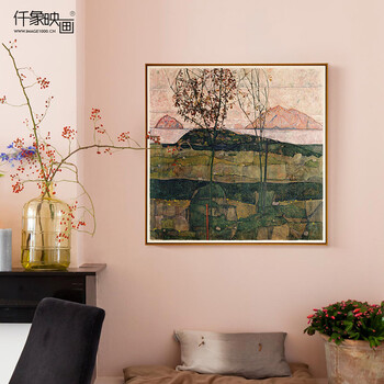 
                                        仟象映画 秋树席勒双联欧式客厅现代装饰画餐厅风景壁画美式挂画 斜阳-木色框 73*73cm                