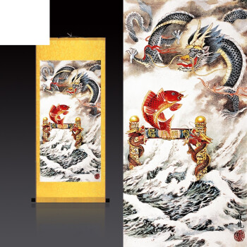 国画龙图画水墨画金龙戏珠画 丝绸玄关挂画 鲤鱼跳龙门客厅装饰画sn