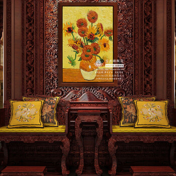 驿尚品牌纯手绘油画 高档餐厅客厅装饰画 欧式有框画梵高《向日葵》 博物馆高品质油画 60*70cm