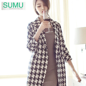 SUMU2014秋装新款千鸟格西装外套宽松女韩版西服中长款气质OL黑白 千鸟格 M