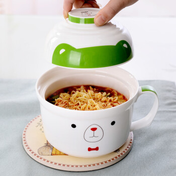 
                                        剑林 景德镇韩式卡通陶瓷泡面带盖碗泡面杯餐具套装 微波炉适用 绿色领结狗                