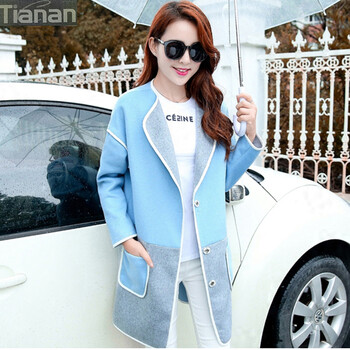 Tianan2015秋冬新款女装韩版大衣时尚羊毛呢外套宽松撞色外套女 玫红色 L