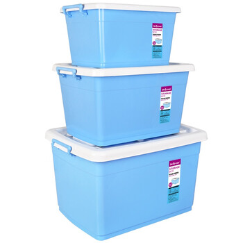 百草园 欧式滑轮塑料整理箱收纳箱 衣服杂物储物箱32L+42L+75L 3个装 糖果蓝