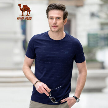 骆驼（CAMEL）男装 夏季时尚青年棉质休闲修身条纹圆领短袖T恤男 宝蓝 L