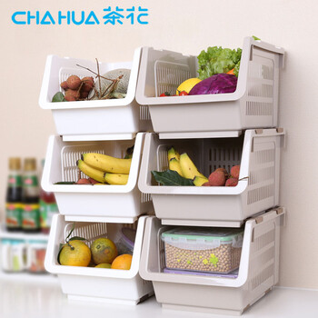
                                        茶花厨房塑料收纳篮水果蔬菜多层组合储物架塑料可叠加置物架角收纳筐 亮白色 3层很优惠                