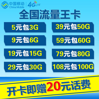 通用无限流量卡设备卡手机纯上网卡 79元/月包80g全国★移动流量王