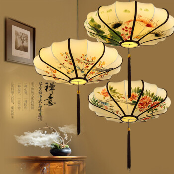 【斯亚特】现代新中式布艺吊灯创意手绘灯笼吊灯餐厅火锅仿古中国风