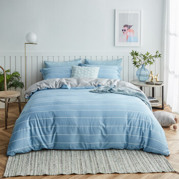 大朴（DAPU）套件家纺 A类床品 精梳纯棉四件套 缎纹印花床单被罩 蓝色条纹 1.5米床 200*230cm