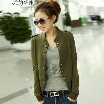 尤纳华菲 2014<em>春季</em>新款<em>女装</em>纯色立领肩章双排