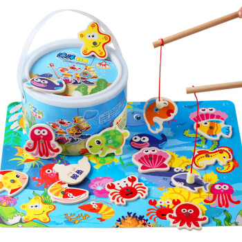 QZMTOY钓鱼玩具海洋桶装磁性双钓竿亲子互动婴儿童早教启智玩具1-3-6岁 桶装海洋钓鱼