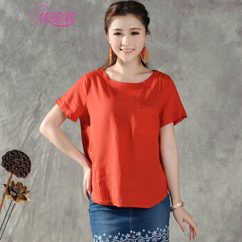 依锦莉 2016夏装绣花亚麻宽松短袖衬衫女夏季