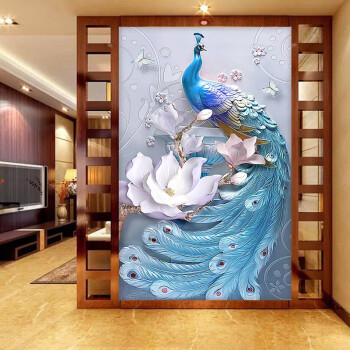 5d立体壁纸孔雀壁画玄关过道温馨走廊背景墙墙纸现代简约装饰墙布 10d