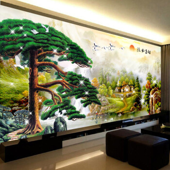 
                                        尚世纪5d钻石画十字绣3d客厅流水生财大幅山水风景系列 迎客松钻石绣客厅 200*96cm 满钻 高端8ZSH0085                
