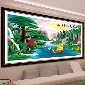 鸿胤皇室蒙娜丽莎3D十字绣迎客松2米新款3D客厅十字绣风景系列精准印花山水画客厅十字绣画 V8009 长1.93米*宽1.07米