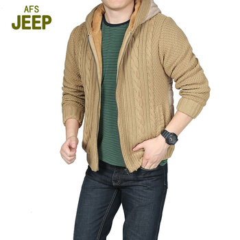 战地吉普afs jeep<em>开衫</em>男士<em>加绒加厚</em>针织<em>毛衣</em>时