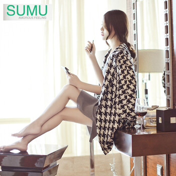 SUMU2014秋装新款千鸟格西装外套宽松女韩版西服中长款气质OL黑白 千鸟格 M