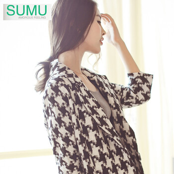 SUMU2014秋装新款千鸟格西装外套宽松女韩版西服中长款气质OL黑白 千鸟格 M
