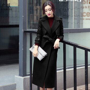 广服 2015秋冬季新款毛呢大衣女中长款韩版毛呢外套女中长款加棉加厚显瘦修身呢大衣女冬82 黑色(加棉) M