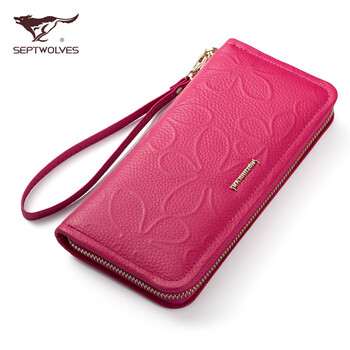 七匹狼女款钱包长款 带手腕带 可放手机款 压花花纹 玫红色【图片 价格 品牌 报价】-京东