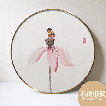 实木圆框新中式装饰画客厅餐厅组合挂画荷花卧室画玄关创意壁画圆形 b