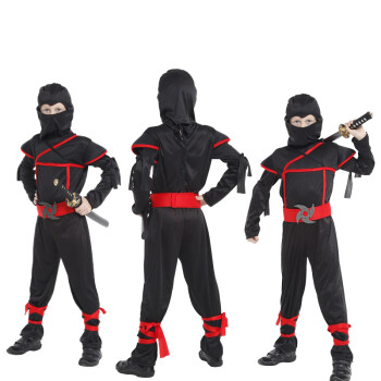志动 万圣节儿童服装男 隐身忍者 夜行衣忍者刺客 日本黑色武士服饰 忍者服 忍者武士L(130-140)