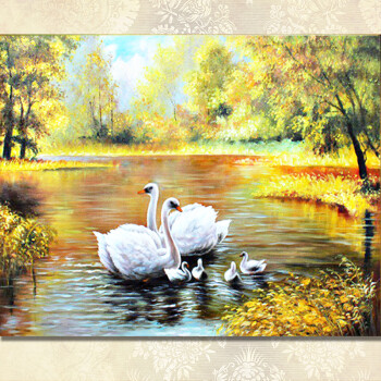 原始原素 美式纯手绘油画家居装饰画玄关风景《天鹅湖》欧式美画 高品质美式 田园风格 华角花框 欧标 70*80 带框尺寸
