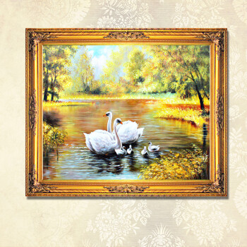 原始原素 美式纯手绘油画家居装饰画玄关风景《天鹅湖》欧式美画 高品质美式 田园风格 华角花框 欧标 70*80 带框尺寸