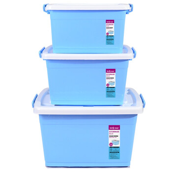 百草园 欧式滑轮塑料整理箱收纳箱 衣服杂物储物箱32L+42L+75L 3个装 糖果蓝