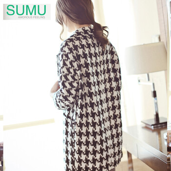 SUMU2014秋装新款千鸟格西装外套宽松女韩版西服中长款气质OL黑白 千鸟格 M