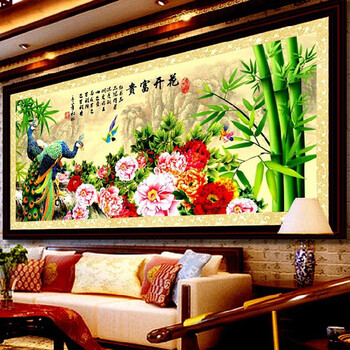 皇室珍品KS十字绣新款客厅竹报平安孔雀图十字绣套件 11CT丝线印花 180*86CM
