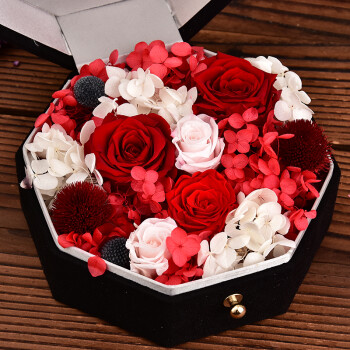 生日礼物 静爱时空 八角内外绸缎翻盖玫瑰礼盒 永生花 红色