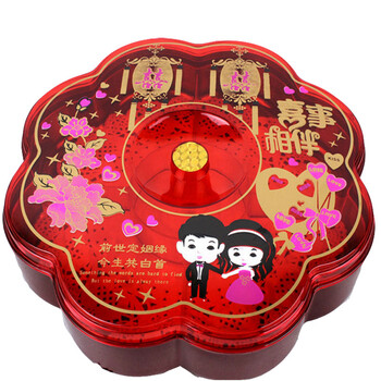 
                                        KU-LIFE 婚庆用品 结婚喜庆红色糖果盒 可旋转干果盒 带盖分格果盘 浪漫喜事  圆形                