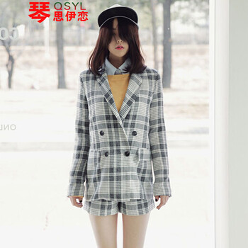 琴思伊恋 秋冬韩版个性长袖宽松直筒格子西服套装+外套两件套 图片色 S