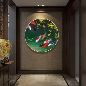 九鱼图玄关装饰画圆形客厅墙面挂画新中式风水餐厅壁画招财入户锦鲤
