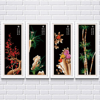 
                                        钟爱一生钻石画圆钻十字绣客厅新款四联画钻石绣贴钻画梅兰竹菊中式 魔方钻银光布黑底版 36*90cm*4幅                