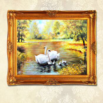 原始原素 美式纯手绘油画家居装饰画玄关风景《天鹅湖》欧式美画 高品质美式 田园风格 华角花框 欧标 70*80 带框尺寸