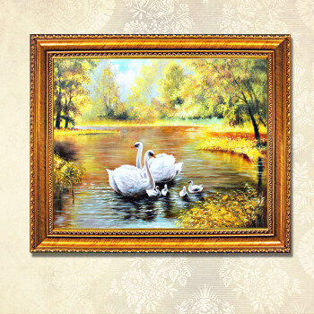 原始原素 美式纯手绘油画家居装饰画玄关风景《天鹅湖》欧式美画 高品质美式 田园风格 华角花框 欧标 70*80 带框尺寸