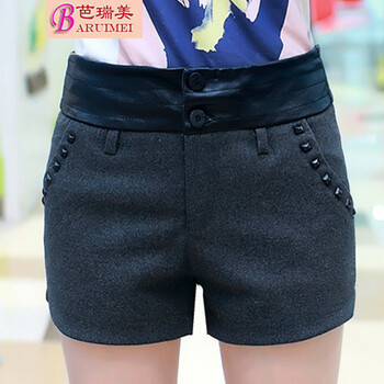 芭瑞美<em>2015秋冬</em>新款韩版 拼皮毛呢<em>短裤女</em>显瘦