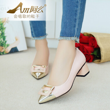 货到付款阿么2016春优质牛皮时尚拼色单鞋尖头中跟粗跟浅口漆皮女鞋 粉色 38【图片 价格 品牌 报价】-京东