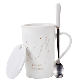 贝瑟斯 星座马克杯经典款陶瓷水杯咖啡杯牛奶杯办公室杯子带盖带勺 白色375ml