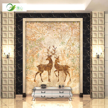 臻心家居进门画玄关过道背景墙壁画麋鹿现代简